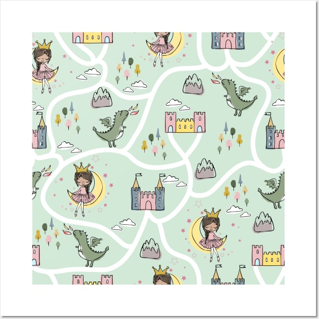 Childish seamless pattern with princess and dragon green background Wall Art by Arch4Design